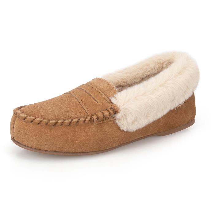 Isotoner® Ladies Fur Lined Suede Moccasin Slipper With Keeper Tab Tan Extra Image 2